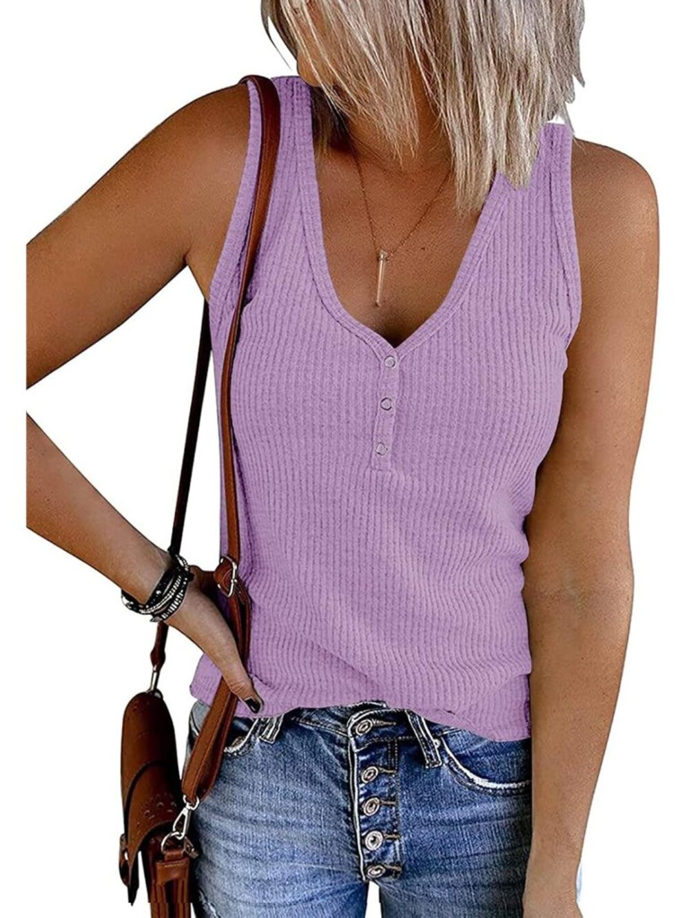Womens Summer Sleeveless Ribbed Tank Tops Trendy Henley Shirts
